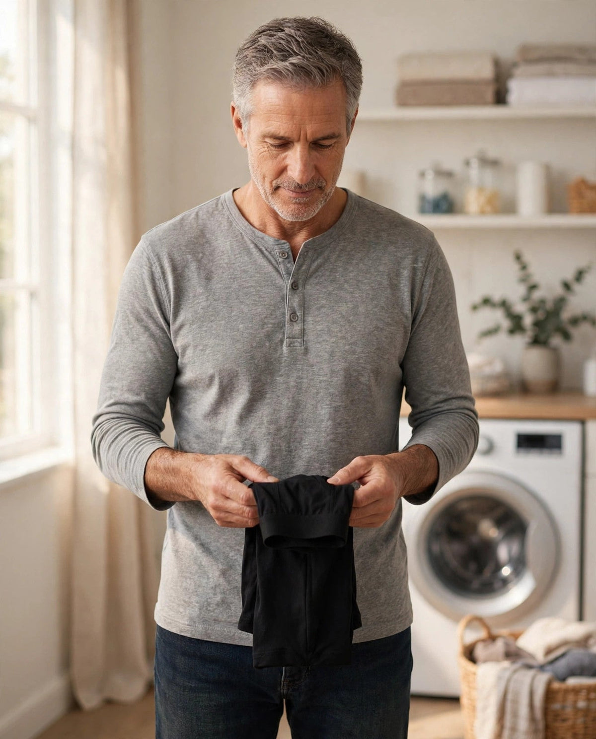 Man folding freshly laundered reusable incontinence underwear in a bright laundry room