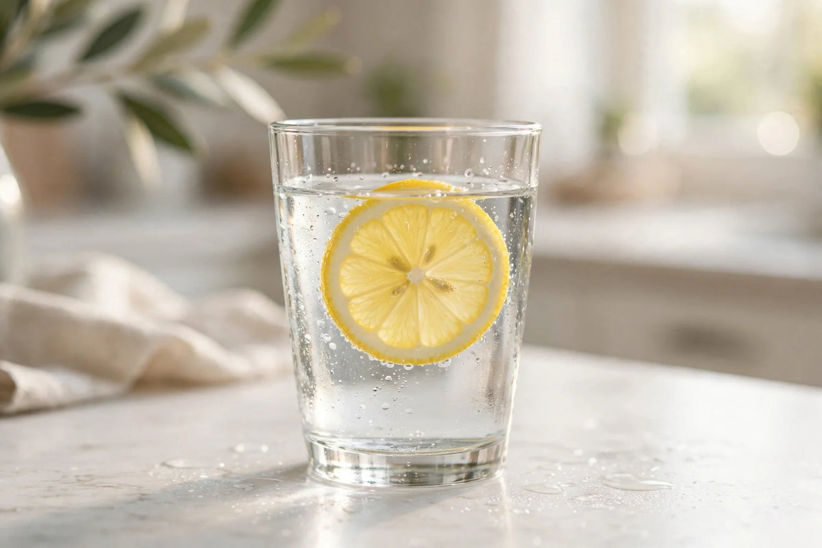 Glass of fresh water with lemon on a bright kitchen counter