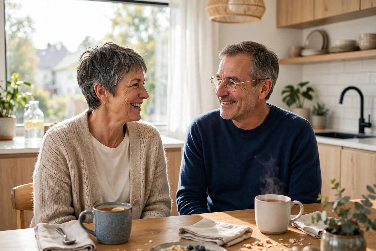 A couple in their 50s having a relaxed conversation over tea in a bright modern kitchen