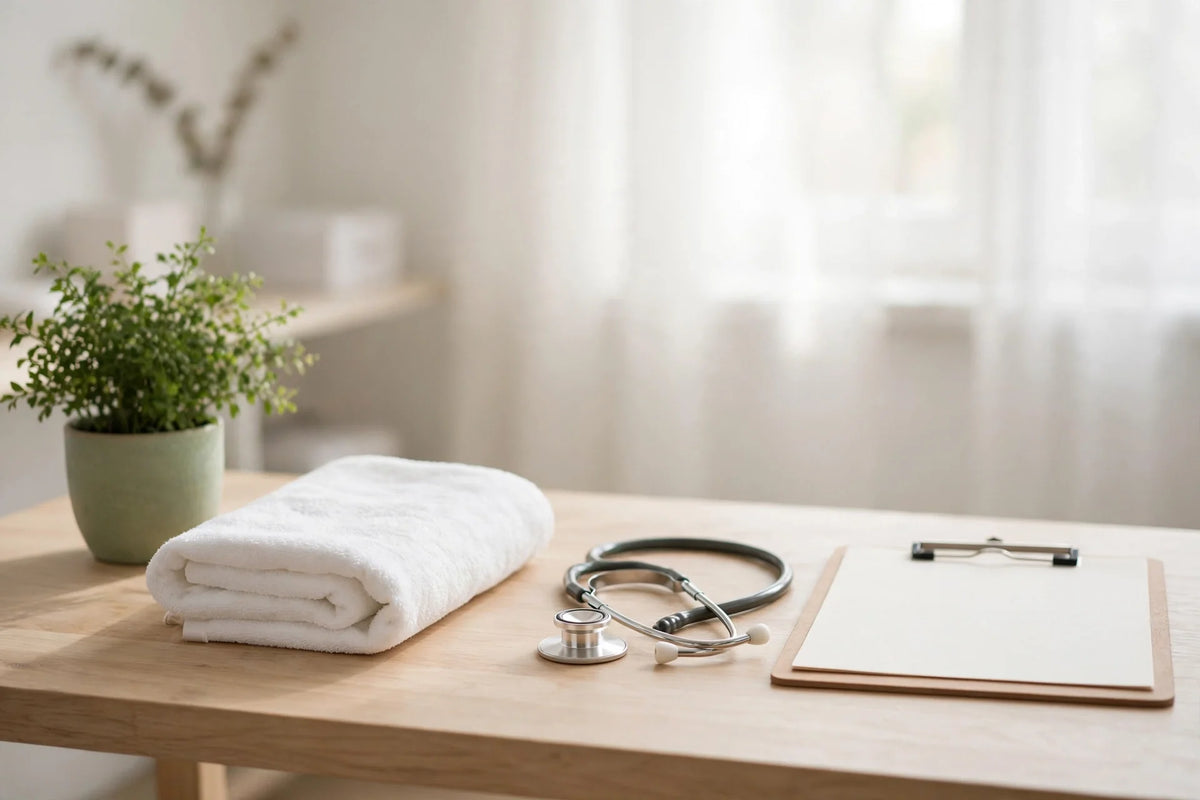 A bright medical office desk with a folded towel, a plant, and a stethoscope — preparing for a doctor's visit about bladder leaks