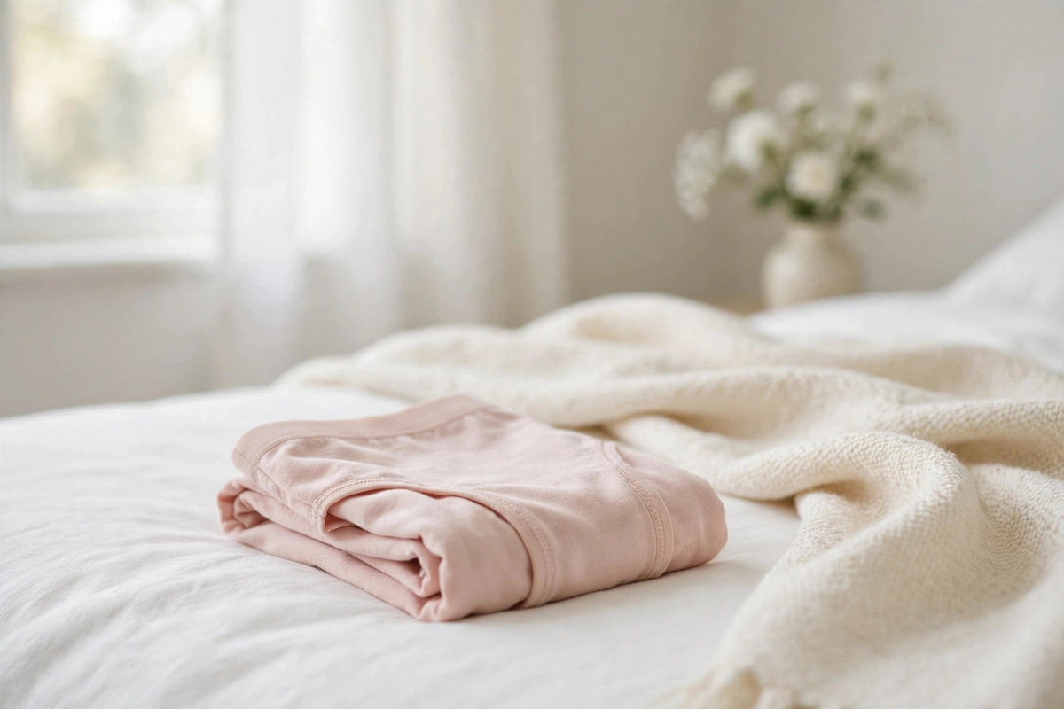 Folded blush-pink reusable leakproof underwear on a bright white bed in soft morning light