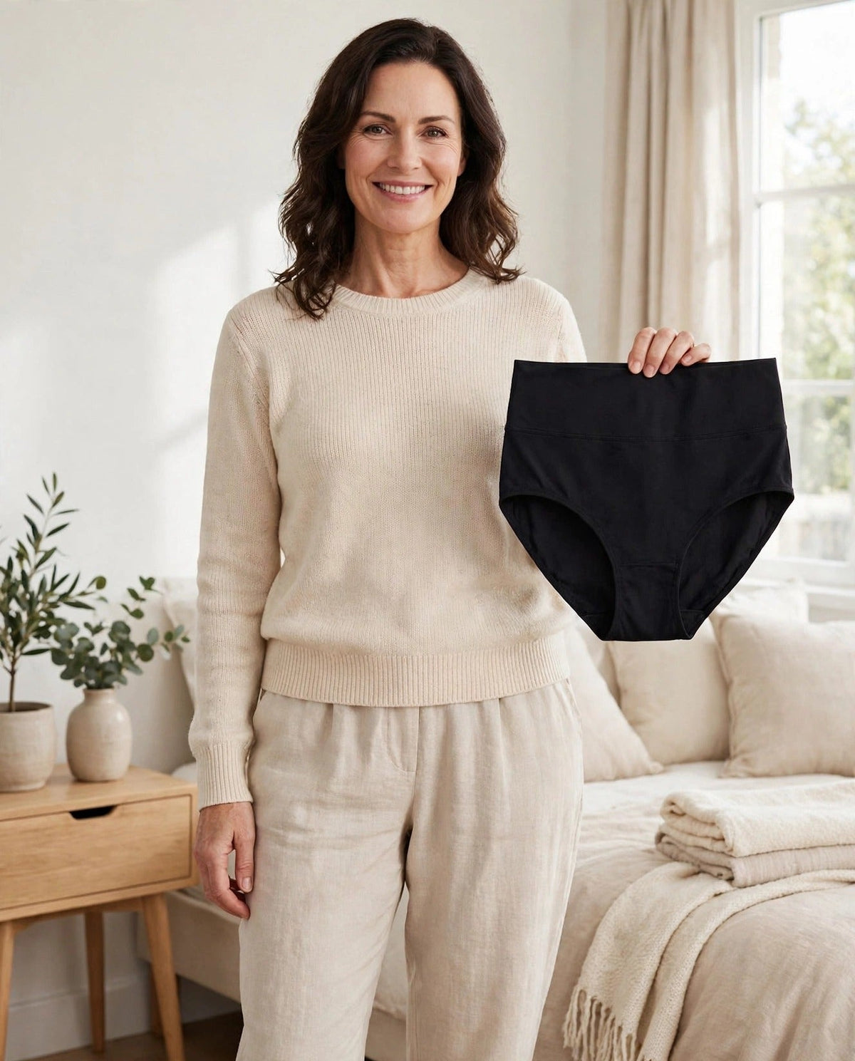 Woman in her fifties in a bright bedroom holding black high-waisted washable incontinence underwear